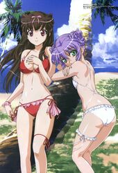  2girls :d absurdres against_tree al_azif alternate_hairstyle arm_grab ass back beach bikini bow breasts bridal_garter brown_hair cleavage cloud crossed_arms day demonbane double_bun eyelashes flat_chest floating_hair frilled_bikini frills grass green_eyes hadou_ruri hair_between_eyes hair_bun hair_up hairbow hand_on_own_chest head_tilt highres kneepits leaning_forward leg_ribbon legs linked_bikini long_hair looking_at_viewer looking_back marufuji_hirotaka medium_breasts megami_magazine multiple_girls navel o-ring o-ring_top ocean official_art open_mouth outdoors palm_tree profile purple_hair red_eyes ribbon scan shadow short_hair side-tie_bikini_bottom sideboob sidelocks sky small_breasts smile standing swimsuit thigh_ribbon tree water white_bikini wristband 