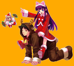  1boy 2girls all_fours animal_ears bell blue_eyes capelet cat_ears christmas haiji hazuki_(tsukuyomi) long_hair mini_person minigirl morioka_kouhei multiple_girls purple_hair reindeer riding santa_costume sitting sitting_on_person tetsukuzu_tetsuko tsukuyomi_moonphase 