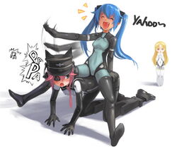  3girls all_fours arnval bad_id bad_pixiv_id blonde_hair blue_hair busou_shinki doll_joints eyepatch hat joints laughing multiple_girls murmeltier necktie o_o observerz oerba_yun_fang pink_hair riding sitting sitting_on_person strarf thighhighs twintails 