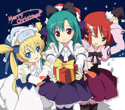  3girls blonde_hair blue_eyes blush brown_eyes christmas commentary_request dress gift green_hair hair_ribbon hat hayama_kotono hijiri_misaki holding holding_gift ixy multiple_girls pantyhose red_hair ribbon saint_october santa_hat shirafuji_natsuki smile snow 