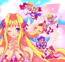  3boys 4girls angel blonde_hair cello_(little_princess) cherie_espoir cornet_espoir dress earrings eclair_(la_pucelle) feathers ferdinand_marl_e flipped_hair gloves green_eyes happy hat homard jewelry kururu_(little_princess) la_pucelle little_princess long_hair lowres marl_kingdom multiple_boys multiple_girls pirate princess purple_hair rhapsody shoes short_hair smile tsuyuka_(sunny_spot) wings 