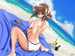  artist_request beach bikini bikini_tan bottle brown_eyes brown_hair check_copyright cloud comic_party copyright_request covering_breasts covering_privates day dutch_angle female from_behind glasses head_tilt imageboard_desourced long_hair looking_at_viewer looking_back lotion makimura_minami non-web_source ocean outdoors sitting sky smile solo swimsuit tan tanlines towel trowel untied wariza waves white_bikini 