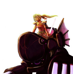  blonde_hair commentary_request female final_fantasy final_fantasy_vi kusaka_yoru magitek_armor mecha photoshop_(medium) ponytail robot solo sword terra_branford weapon 