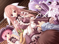  3girls angry animal_ears brown_hair cafe_little_wish cat_ears closed_eyes crossed_arms dress dutch_angle game_cg happy hat lily_(cafe_little_wish) long_hair merun mina_(cafe_little_wish) multiple_girls orange_hair pink_eyes pink_hair purple_hair ribbon short_hair smile tinker_bell_(pixiv_10956015) 