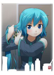  :&lt; alternate_hair_length alternate_hairstyle angry artistic_error blue_eyes blue_hair blush commentary_request crying crying_with_eyes_open cutting_hair cutting_own_hair detached_sleeves female flat_chest hair_between_eyes hatsune_miku heartbreak_haircut mirror nagian necktie pout sad scissors severed_hair short_hair short_hair_with_long_locks solo tears vocaloid 