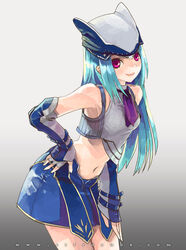  armpits bare_shoulders bent_over blue_hair commentary_request detached_sleeves fantasy_earth fantasy_earth_zero female fingerless_gloves gloves hat kiryuu_tsukasa_(citrocube) long_hair midriff pink_eyes red_eyes scout_(fantasy_earth) scout_(striker_outfit)_(fantasy_earth_zero) simple_background skirt solo 