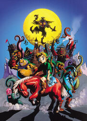  1boy artist_request blonde_hair blue_eyes boots cover deku deku_mask epona full_moon goron holding holding_mask horse link majora_(entity) male_focus mask moon official_art pointy_ears riding riding_animal skull_kid sword the_legend_of_zelda the_legend_of_zelda:_majora&#039;s_mask video_game_cover weapon young_link zora 