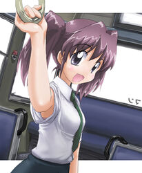  armpit_peek armpits asou_natsumi bra bra_peek commentary_request dutch_angle female hand_grip holding_hand_grip necktie purple_eyes purple_hair school_uniform sketchbook_full_colors smile solo tanada-bon train_interior twintails underwear up_sleeve 