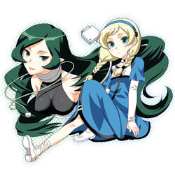  2girls bad_id bad_pixiv_id blonde_hair blue_eyes blush braid cable choker dress flat_chest green_eyes green_hair hairband leg_up lipstick long_hair makeup mattaku_mousuke multiple_girls net_ghost_pipopa net_venus pointy_ears sayaka_erenkowa shoes sitting smile twin_braids very_long_hair 