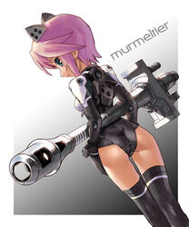  :o ass back black_background black_thighhighs blue_eyes breasts busou_shinki character_name commentary_request doll_joints female from_behind gloves gradient_background gun holding holding_weapon joints katahira_masashi kneepits leotard looking_at_viewer looking_back murmeltier open_mouth photoshop_(medium) pink_hair profile rifle short_hair slim_legs small_breasts solo standing thigh_gap thighhighs weapon 