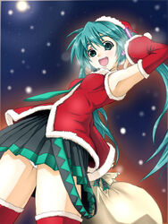  aqua_eyes aqua_hair christmas commentary_request detached_sleeves female hatsune_miku kouya long_hair necktie panties pantyshot partial_commentary sack santa_costume skirt snow solo thighhighs twintails underwear vocaloid 