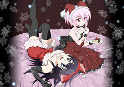  2girls animal_ears artemis_(tsukuyomi) bed black_gloves blue_eyes cake cat_ears christmas eating elbow_gloves food gloves hat hazuki_(tsukuyomi) jester_cap long_hair multiple_girls oerba_yun_fang pastry pink_eyes pink_hair purple_hair santa_costume short_hair thighhighs tsukuyomi_moonphase yomi_(indigoriver) zettai_ryouiki 