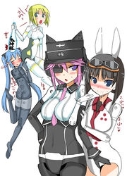  4girls alcohol aoi_manabu arnval asuka_(busou_shinki) black_hair blonde_hair blue_hair blush busou_shinki commentary_request doll_joints drunk eyepatch goggles hat joints md5_mismatch multiple_girls murmeltier pink_hair sake saliva strarf 