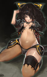  breasts brown_eyes brown_hair cleavage copyright_request female hair_over_one_eye kichin_yarou kneeling long_hair medium_breasts midriff no_lineart solo thighs underboob 