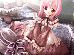  cafe_little_wish dress female game_cg hat lily_(cafe_little_wish) pink_eyes pink_hair ribbon sad short_hair sitting solo tears tinker_bell_(pixiv_10956015) wet wet_clothes 