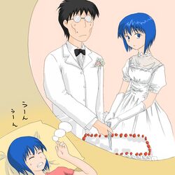  1boy blue_eyes blue_hair bride cake commentary_request dreaming dress female food formal highres oomori_kazufusa pastry rabuyan rabuyan_(character) sasa90 tuxedo wedding wedding_cake_cutting wedding_dress 