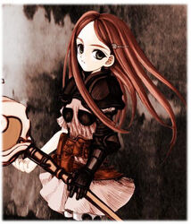  armor female final_fantasy final_fantasy_tactics_advance gloves green_eyes hair_ornament hairclip long_hair lowres red_hair ritz_malheur saltydanshark solo staff 