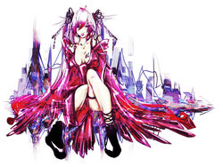  alternate_hair_color ankle_boots boots breasts building cityscape cleavage collarbone dress female full_body hatsune_miku long_hair long_sleeves looking_at_viewer painttool_sai_(medium) red_dress shiinoyuko simple_background sitting solo thigh_gap twintails very_long_hair vocaloid white_background 