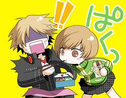  1boy bento blush_stickers chopsticks commentary_request eating female food hanamura_yousuke headphones headphones_around_neck persona persona_4 photoshop_(medium) sandwich satonaka_chie satsuki_yuu_(awairo) surprised 