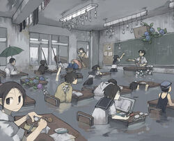  4girls 6+boys animal bento boat brown_eyes brown_hair canoe chalkboard chopsticks classroom commentary_request desk eating eating_during_class fishing_rod flood flower food gregorius_yamada hydrangea indoors multiple_boys multiple_girls mushroom one-piece_swimsuit original pencil public_address_system rain school_desk school_swimsuit school_uniform shark short_hair snail socks speaker surreal swimsuit teruterubouzu tissue umbrella wading water watercraft what 