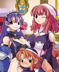  3girls breasts culotte dark_eclair eclair_(la_pucelle) hat la_pucelle large_breasts lowres multiple_girls pantyhose photoshop_(medium) pink_hair prier purple_hair ryoji_(nomura_ryouji) smile 