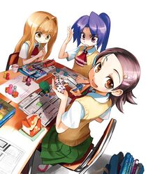  3girls adachi_yousuke book desk dice dutch_angle hair_ornament hairclip karasuyama_sachi looking_up milk mizuho_momoko multiple_girls pen photoshop_(medium) playing_games quick_start school_uniform sitting sweater_vest tabletop_rpg vest washima_fumi 