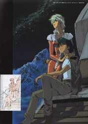  1boy absurdres aina_saharin arm_around_neck arm_around_waist arm_on_another&#039;s_shoulder arm_on_knee artist_request belt black_hair black_stripes bodysuit brown_belt brown_collar brown_footwear brown_pants collar collarbone collared_jacket earth_federation female green_hair gundam gundam_08th_ms_team highres jacket leather_strap looking_up mountain night night_sky pants photoshop_(medium) pilot_suit red_bodysuit scan shadow shiro_amada shirt sitting sketch sky smile standing unbuttoned_jacket watch white_collar white_shirt wristwatch 