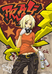  belt blonde_hair cargo_pants commentary_request copyright_request delinquent female gloves graffiti navel pants red_eyes shirt short_hair solo spray_paint t-shirt tony_(chikaku_kabin) 