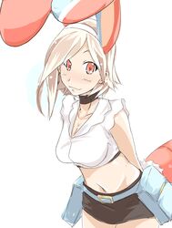  animal_ears choker commentary_request female getsumento_heiki_miina midriff rabbit_ears red_eyes shorts smile solo tsukishiro_mina white_hair xo160 