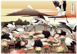  2girls barefoot bird chrysanthemum commentary_request death fine_art_parody flower hand_on_own_stomach implied_death katsushika_hokusai_(1760) koshu_isawa_no_akatsuki lying midriff mount_fuji mountain multiple_girls nadeshiko_rin navel nihonga on_back oriental_stork original parody photoshop_(medium) pink_flower red_flower school_uniform serafuku skirt sky_burial stork translated ukiyo-e white_flower yellow_flower 