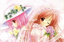  2girls back-to-back brown_hair cafe_little_wish calla_lily dress flower hair_flower hair_ornament hat hat_flower juliet_sleeves lily_(cafe_little_wish) long_hair long_sleeves looking_at_viewer merun multiple_girls one_eye_closed photoshop_(medium) pink_eyes pink_hair pink_theme profile puffy_sleeves purple_eyes purple_flower rose short_hair tinker_bell_(pixiv_10956015) veil white_flower white_rose yellow_flower 