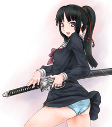  ass bad_id bad_pixiv_id black_hair commentary_request female ga-rei ga-rei_zero isayama_yomi katana lips long_hair panties pantyshot ponytail purple_eyes scharfschutze school_uniform skirt solo sword underwear weapon 