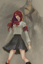  armband armor ascot boots bow commentary_request crown female gekkoukan_high_school_uniform hair_over_one_eye ideissai kirijou_mitsuru knee_boots lipstick long_hair makeup mask penthesilea persona persona_3 photoshop_(medium) pleated_skirt red_eyes red_hair school_uniform skirt solo standing wavy_hair 