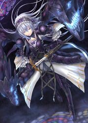  armor commentary_request female grey_hair hairband long_hair purple_eyes rozen_maiden sabamu sheath solo suigintou sword unsheathing weapon 