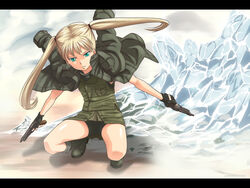  beretta_92 blonde_hair commentary_request dark-skinned_female dark_skin dual_wielding female fingerless_gloves gloves gun gunslinger_girl handgun holding ice jacket letterboxed long_hair nazo_kichi open_clothes open_jacket photoshop_(medium) solo spandex squatting triela twintails weapon 