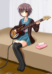  akarin_(sakuraakarin) bass_guitar blue_sailor_collar blue_skirt blush cardigan commentary_request female highres instrument kita_high_school_uniform nagato_yuki photoshop_(medium) sailor_collar school_uniform serafuku short_hair skirt solo suzumiya_haruhi_no_yuuutsu thighhighs tissue_box tissue_princess winter_uniform zettai_ryouiki 