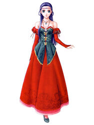  bare_shoulders blue_eyes blue_hair bow circlet detached_sleeves dress female flat_chest frills full_body gathers gensou_suikoden gensou_suikoden_ii ishikawa_fumi jewelry jillia_blight long_hair necklace official_art pendant photoshop_(medium) shoes simple_background smile solo standing 