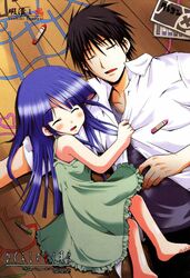  1boy akasaka_mamoru arm_pillow barefoot black_hair blue_hair closed_eyes crayon dress female floor furude_rika graffiti heart higurashi_no_naku_koro_ni himatsubushi-hen hug imageboard_desourced long_hair lying non-web_source on_back on_side open_clothes open_mouth open_shirt shirt shirt_grab sleeping spiked_hair sundress tonogai_yoshiki wooden_floor 