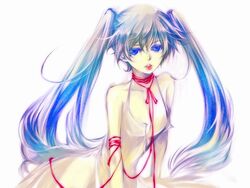  blue_eyes blue_hair dress female hatsune_miku long_hair open_clothes open_shirt shirt solo string string_of_fate twintails umu_(um) vocaloid 