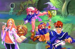  2boys 2girls alouette_(la_pucelle) blonde_hair brown_hair cigarette croix_raoul culotte ghost_(la_pucelle) gloves gun hat la_pucelle multiple_boys multiple_girls pantyhose pink_eyes pink_hair prier pumpkin_(la_pucelle) ryoji_(nomura_ryouji) smoking weapon 