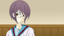  blue_sailor_collar female fujiyoshi_harumi glasses kimineri kita_high_school_uniform nagato_yuki non-web_source parody purple_hair sailor_collar sayonara_zetsubou_sensei school_uniform serafuku solo suzumiya_haruhi_no_yuuutsu winter_uniform 