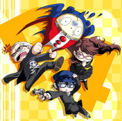  1boy 2girls commentary_request glasses gun hat kujikawa_rise kuma_(persona_4) multiple_girls persona persona_4 photoshop_(medium) satsuki_yuu_(awairo) school_uniform shirogane_naoto tatsumi_kanji thighhighs weapon yasogami_school_uniform 