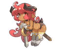  ahoge armor bent_over bikini_armor breasts closed_mouth commentary curled_ends dark-skinned_female dark_skin english_commentary female hands_on_hilt hanging_breasts horns knee_guards looking_at_viewer original planted planted_sword pointy_breasts red_hair scabbard sheath simple_background smile solo standing sword thighhighs unsheathed vins-mousseux weapon white_background white_thighhighs 