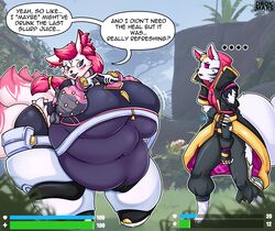  5_tails absurd_res anthro belly big_belly big_breasts blonde_hair blush breasts canid canine catalyst_(fortnite) clothing dialogue drokmars duo ellipsis english_text epic_games female female/female forest fortnite fox fur gameplay_mechanics hair hi_res huge_belly huge_breasts huge_thighs index_to_index jiggling jungle kimiko_five-tails linked_speech_bubble looking_at_another mammal morbidly_obese multi_tail number obese overweight overweight_female pink_eyes pink_hair plant purple_sclera scar size_difference speech_bubble tail text text_emphasis thick_thighs tight_clothing torn_clothing tree white_body white_fur wounded 