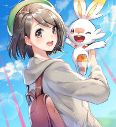  :d ;d backpack bag black_hair blue_sky blush brown_eyes brown_hair coat day dutch_angle female from_side gloria_(pokemon) green_headwear grey_coat hat holding holding_pokemon hood hood_down hooded_coat lens_flare long_sleeves looking_at_viewer looking_to_the_side md5_mismatch one_eye_closed open_mouth orange_eyes outdoors pokemon pokemon_(creature) pokemon_swsh scorbunny short_hair sky smile tam_o&#039;_shanter upper_body yuduki_(tt-yuduki) 