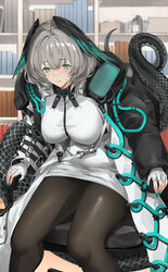  aqua_eyes aqua_nails arknights black_pantyhose blazingchaos bookshelf breasts coat commentary dress feet_out_of_frame female fingerless_gloves gloves grey_hair head_wings highres ho&#039;olheyak_(arknights) long_sleeves long_tail looking_at_viewer nail_polish open_clothes open_coat pantyhose pencil_dress short_dress short_hair sitting smile snake_tail solo tail thighs white_dress white_gloves wings 