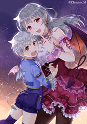  1boy artist_name breasts brother_and_sister chikabo_m demon_tail demon_wings earrings female grey_hair jewelry long_hair medium_breasts original red_eyes short_hair siblings smile tail twitter_username vampire wings 