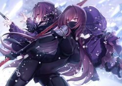  2girls armor ass bangs banned_artist bare_shoulders bodysuit breasts carrying_over_shoulder covered_navel dress fate/grand_order fate_(series) feather_trim hair_between_eyes kyara36 large_breasts long_hair long_sleeves looking_at_viewer mask multiple_girls pantyhose pauldrons purple_bodysuit purple_dress purple_hair purple_legwear red_eyes scathach_(fate) scathach_skadi_(fate) shoulder_armor thighs tiara wand 