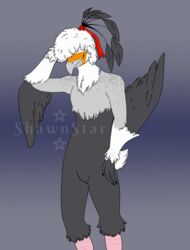  accessory anthro avian beak bird digital_media_(artwork) feather_in_hair feathered_wings feathers grey_body hair hair_accessory hair_ribbon hi_res male mistystar ribbon_in_hair ribbons simple_background smile solo white_body wings 