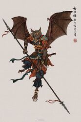  2021 anthro armor asian_clothing barefoot bat chinese_clothing chinese_text clothed clothing dao_(sword) east_asian_clothing fantasy feet flying fully_clothed hi_res lamellar_armor looking_at_viewer male mammal melee_weapon muyang_fort polearm solo spear sword text twenty-eight_mansions warrior weapon wings 